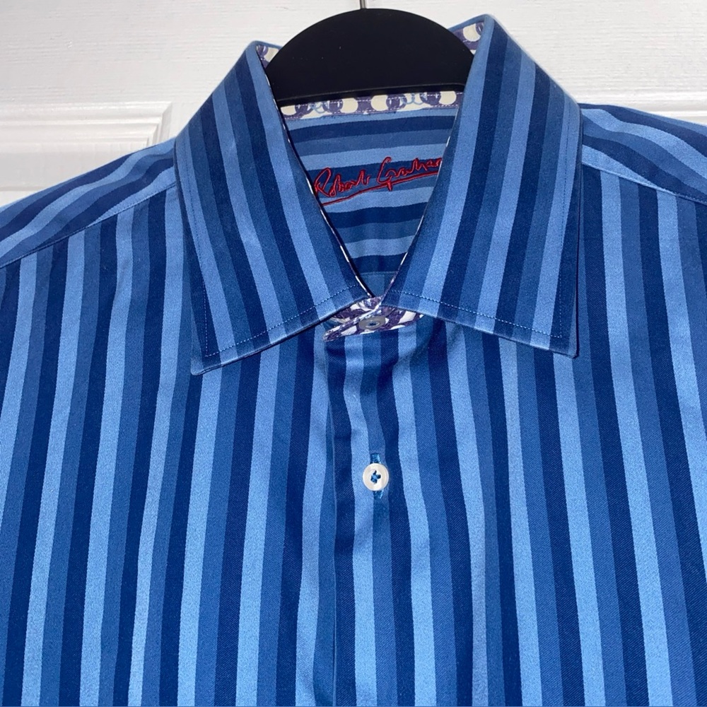 Robert Graham Blue & Navy Stripe Men Dress Shirt Sz L 16.5 Dapper Business